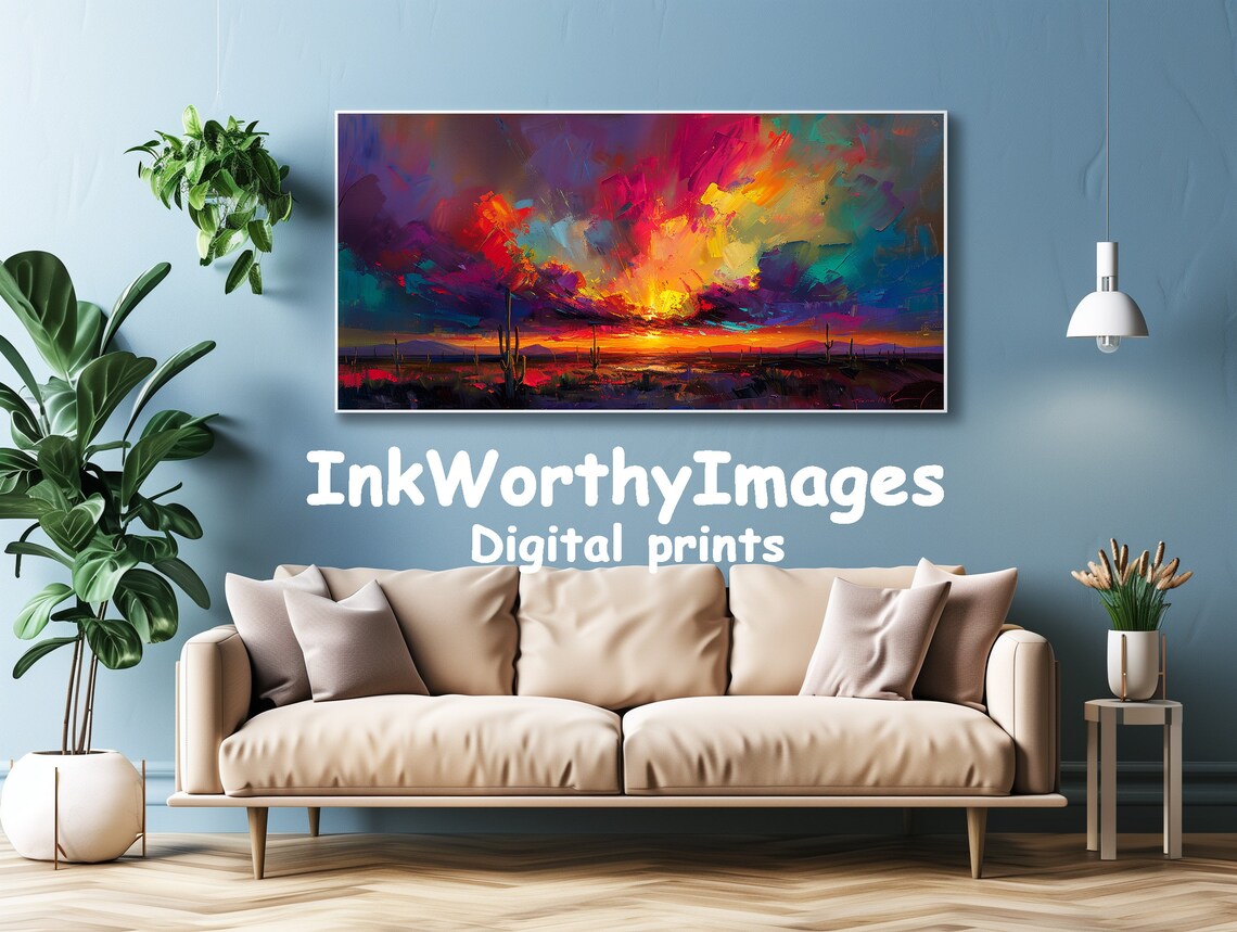 Desert Sunset Abstract Cactus Painting, Nature Art - Image 4