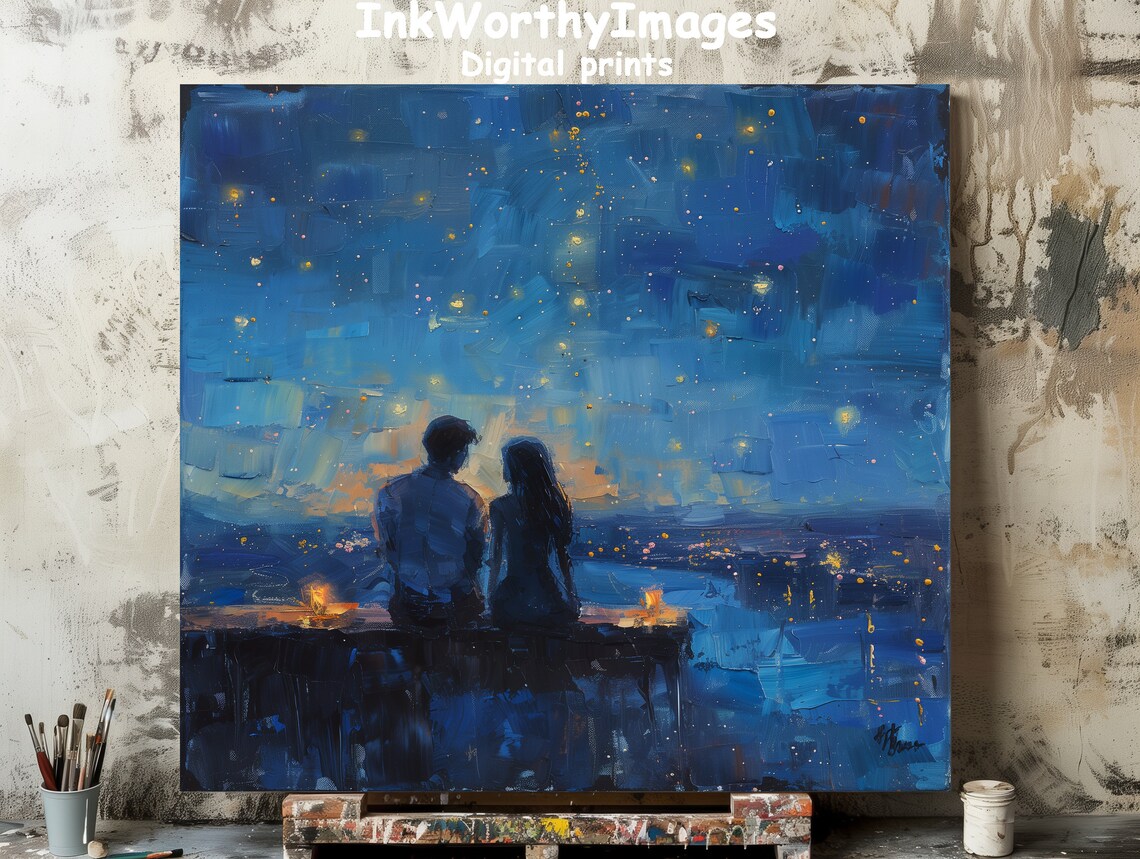 Starry Night Romance Couple Under The Stars, Art Print