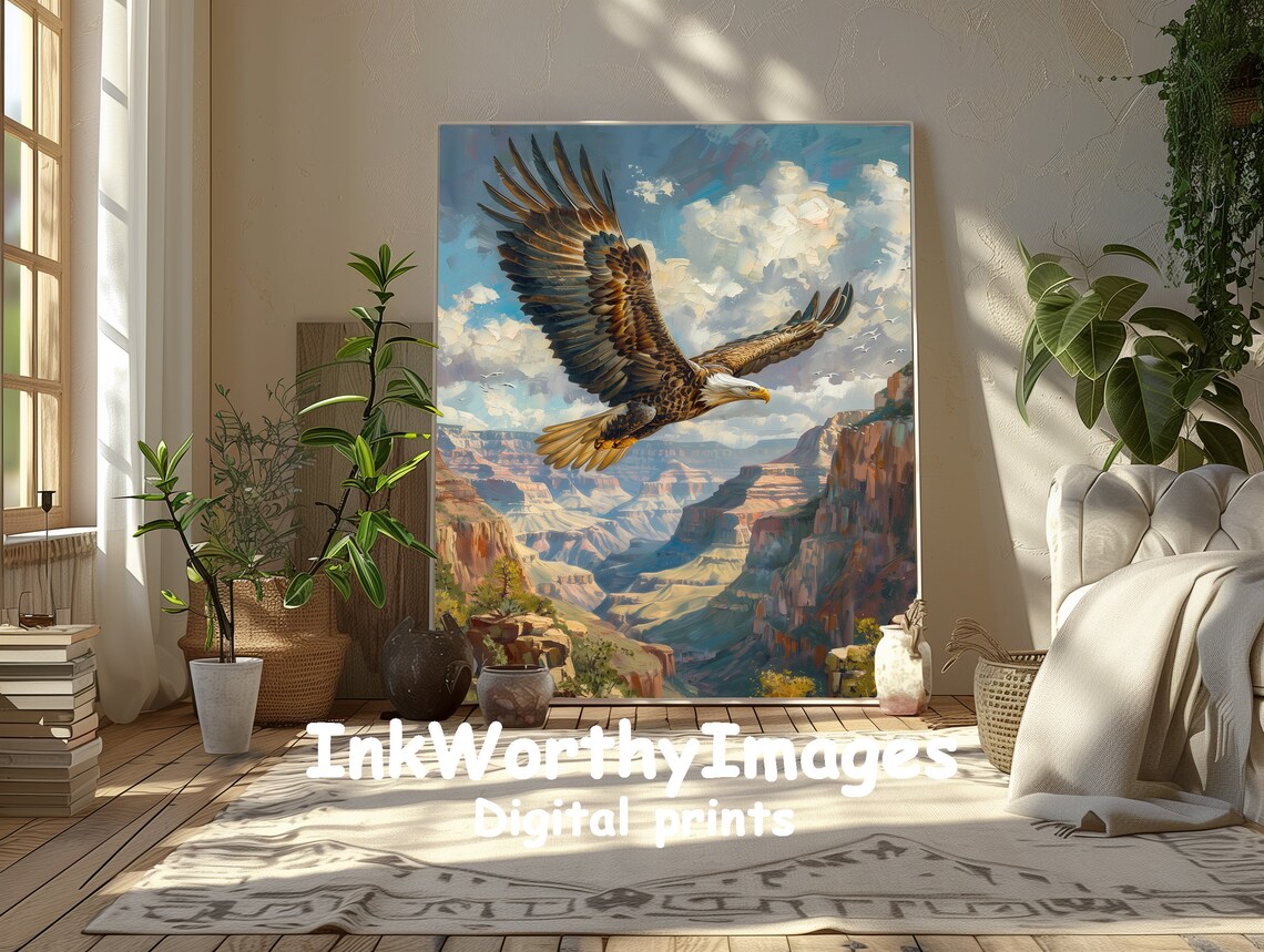 Majestic Eagle Over Canyon Painting, Wildlife Landscape - Image 5