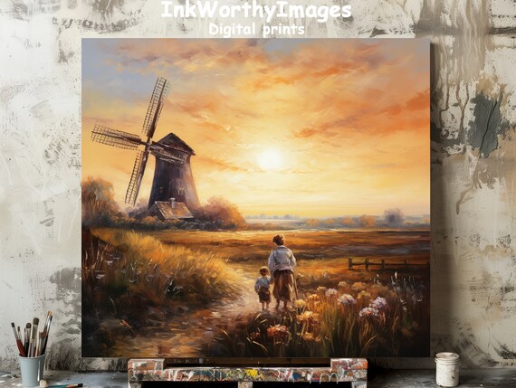 Windmill Sunset Painting, Rustic Landscape