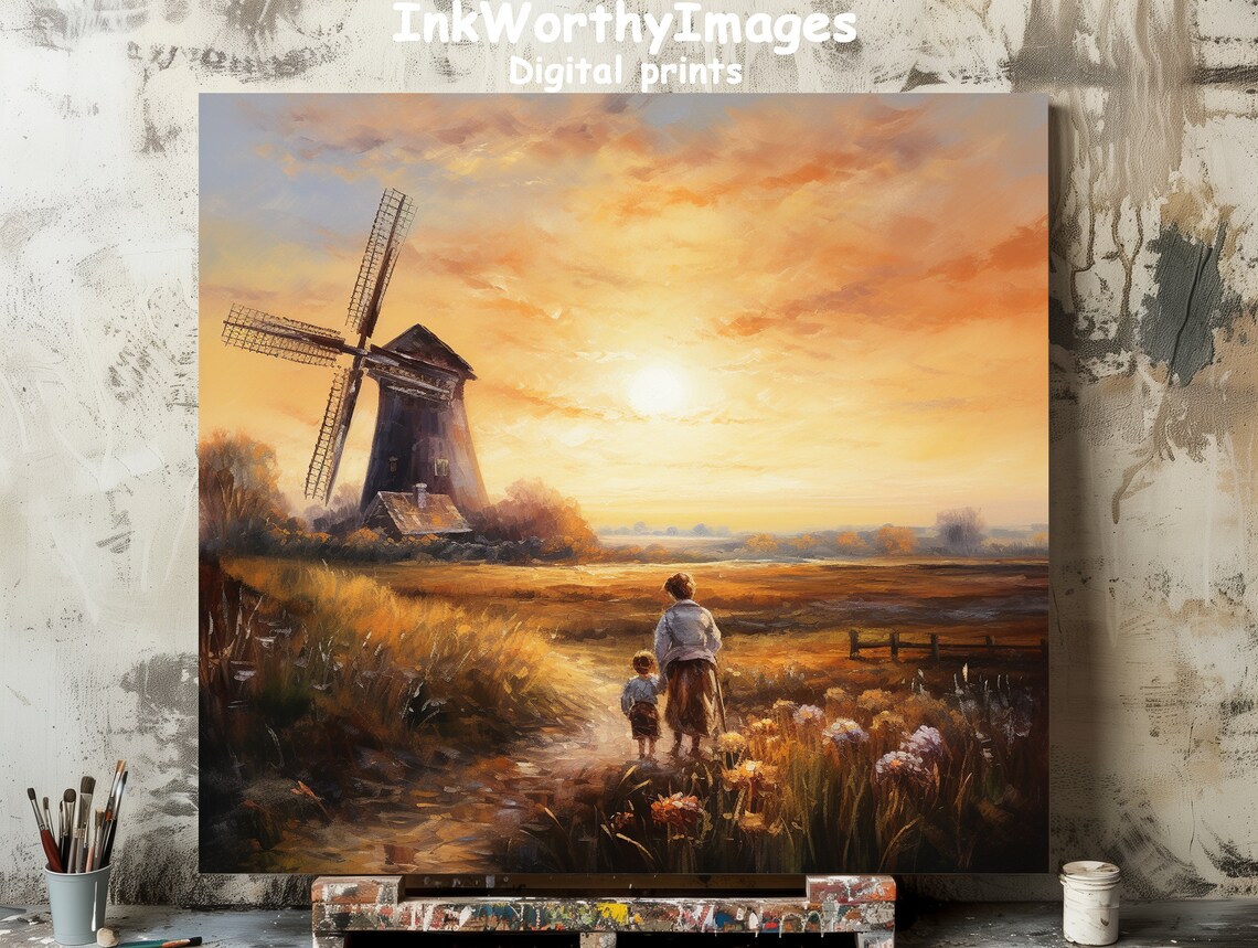 Windmill Sunset Painting, Rustic Landscape