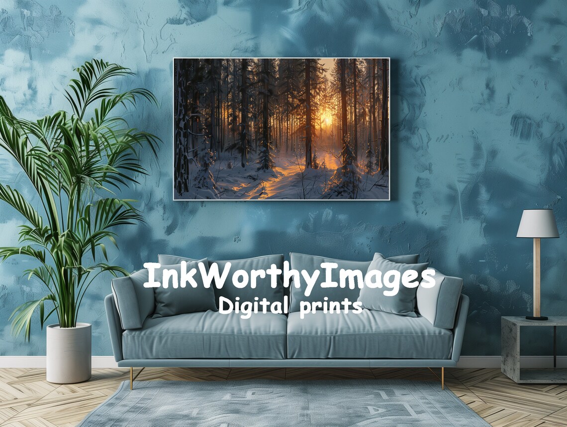 Golden Sunset Winter Forest, Serene Snowy Landscape Art Print - Image 2