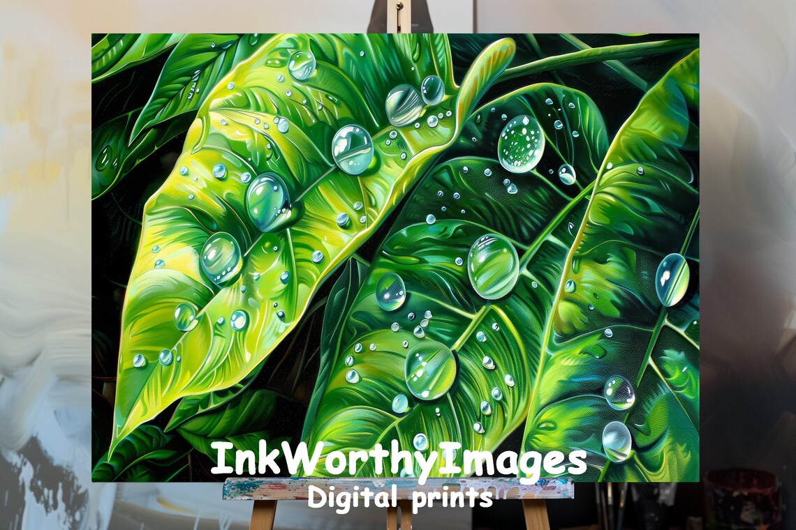 Dewy Leaves in Tropical Jungle, Impressionist Art Print