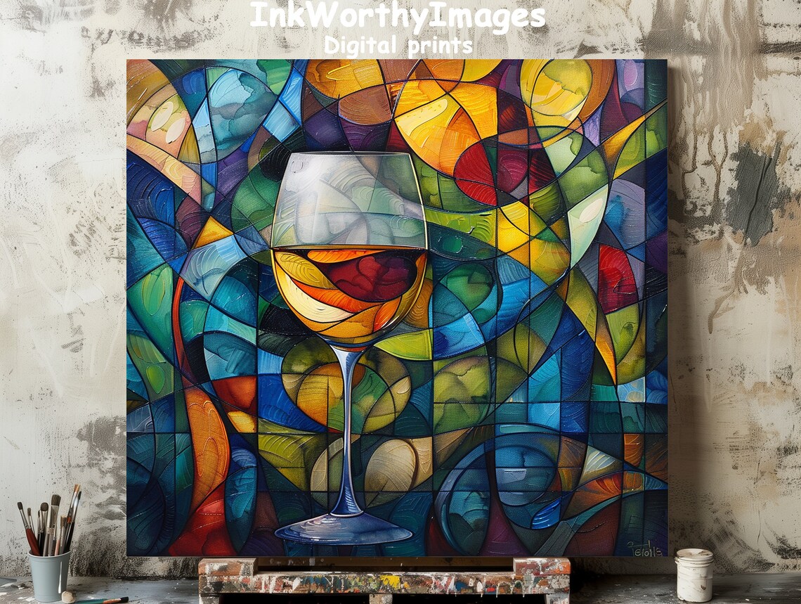Stained Glass Wine, Colorful Abstract Home Bar Art
