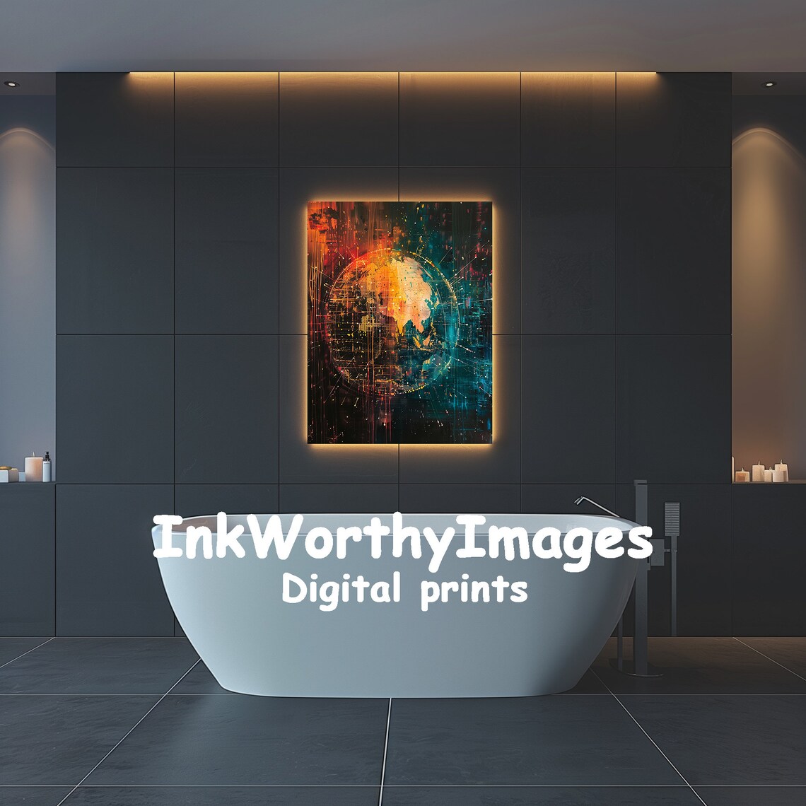 World Map, Abstract Futuristic Global Art - Image 4