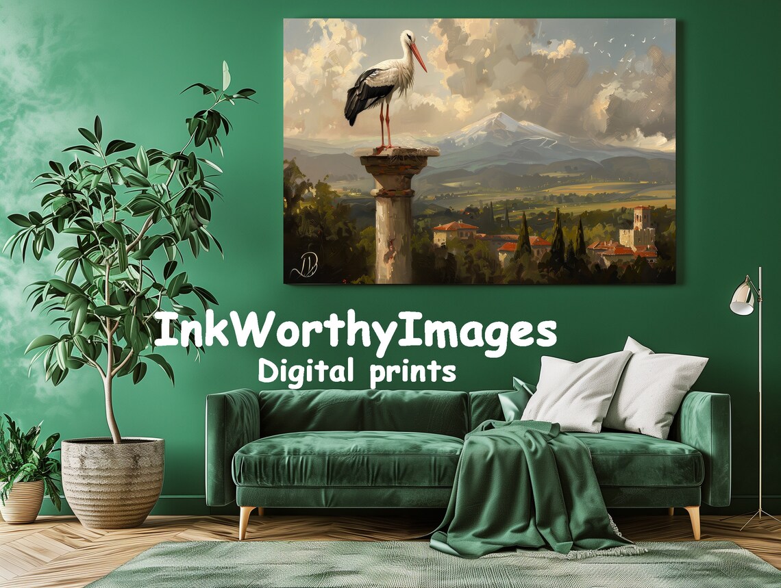 Majestic Stork On Pillar, European Countryside Art Print - Image 3