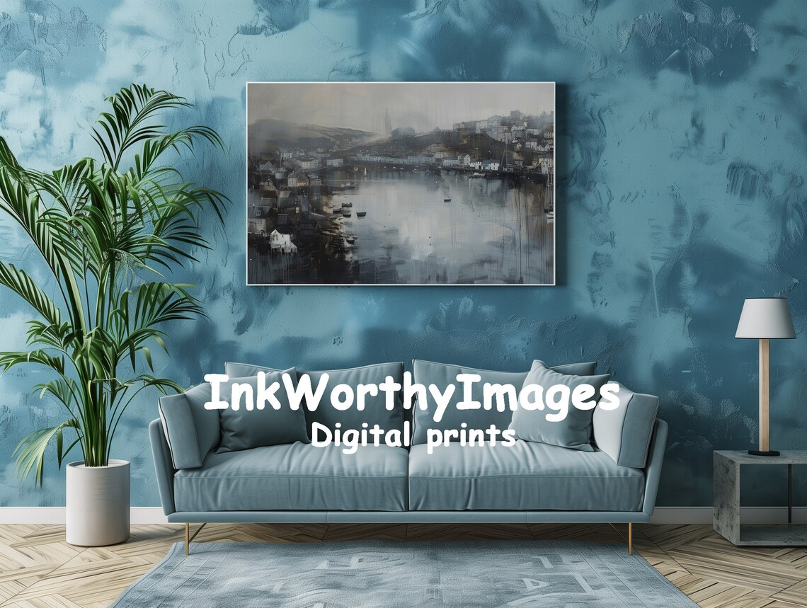 Moody Coastal Village, Foggy Harbor Seascape - Image 2