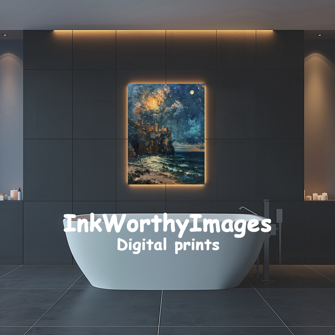Castle By Moonlit Sea, Night Sky Scene - Image 3