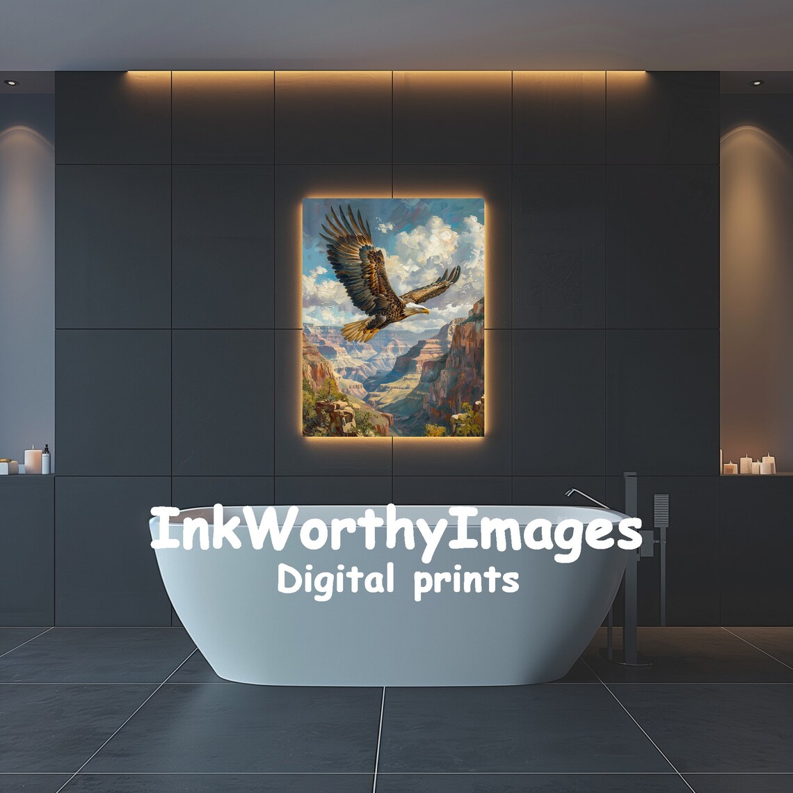 Majestic Eagle Over Canyon Painting, Wildlife Landscape - Image 3