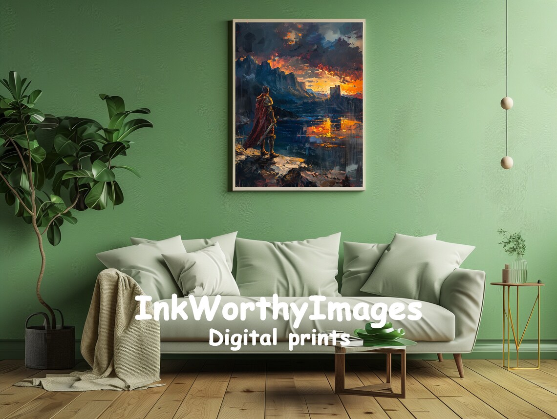 Epic Warrior Sunset Painting, Fantasy Landscape - Image 2