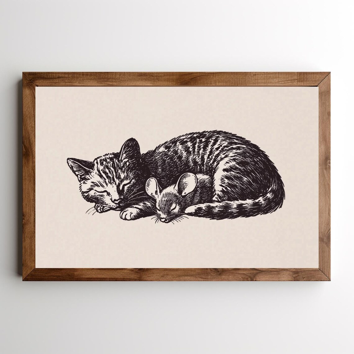 Sleeping Cat And Mouse Antique Ink Sketch Minimalist Bedroom Poster - Image 5
