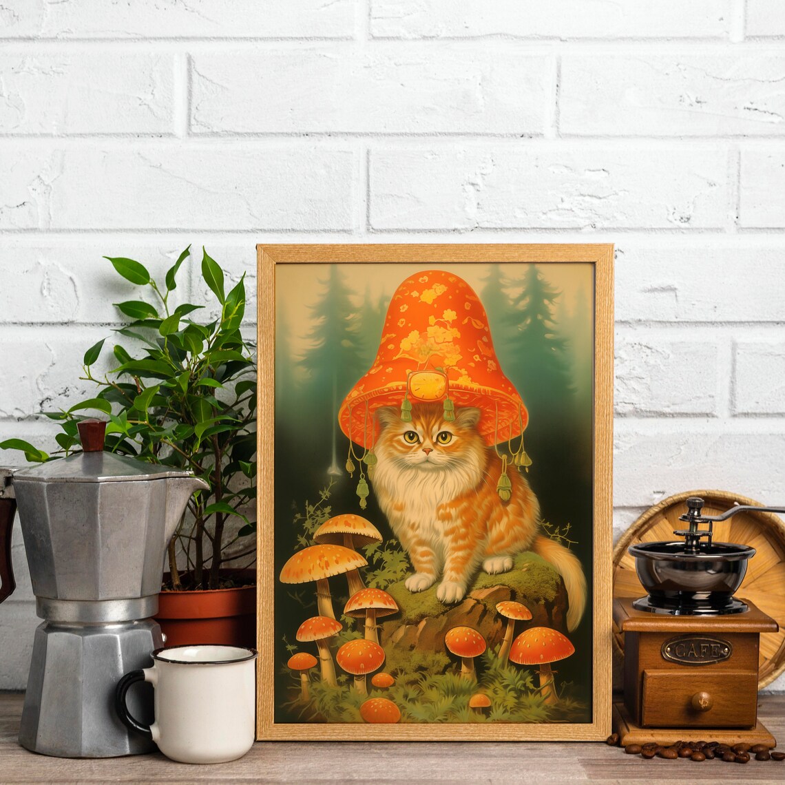 Ginger Cat Wearing a Mushroom Hat in the Forest Funny Poster - Image 4