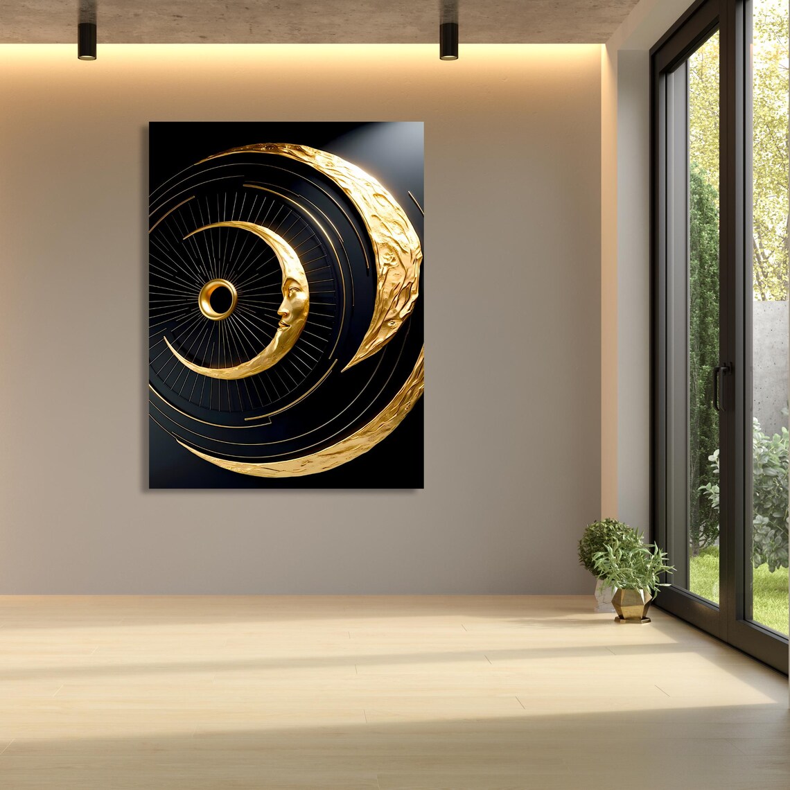 Gold Moon Face Art, Celestial Wall Decor - Image 2