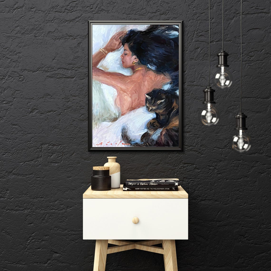 Woman And Cat Romantic Sleep Art Print - Image 4