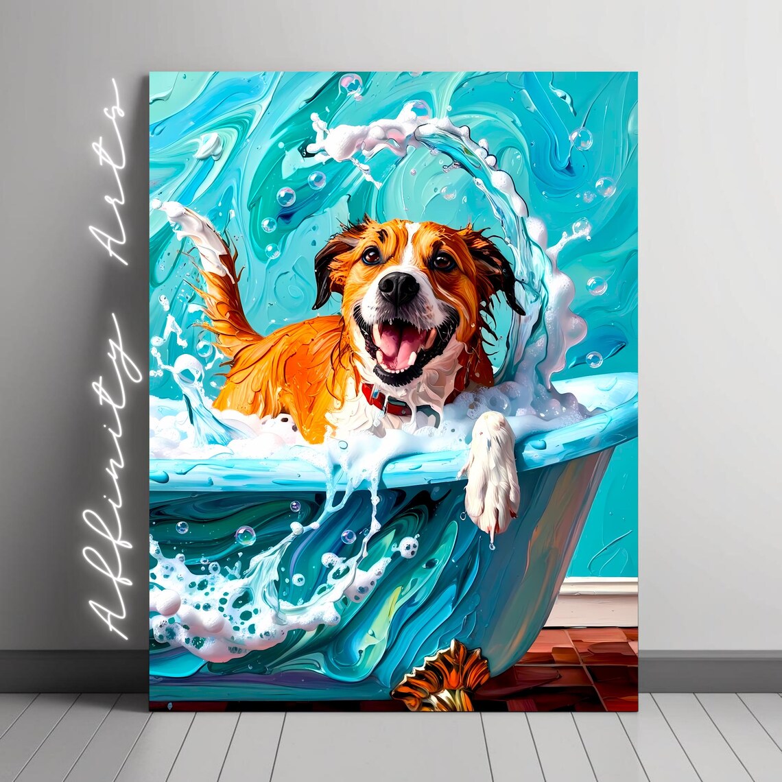 Dog Bath Art Print, Playful Pet Bathroom Decor