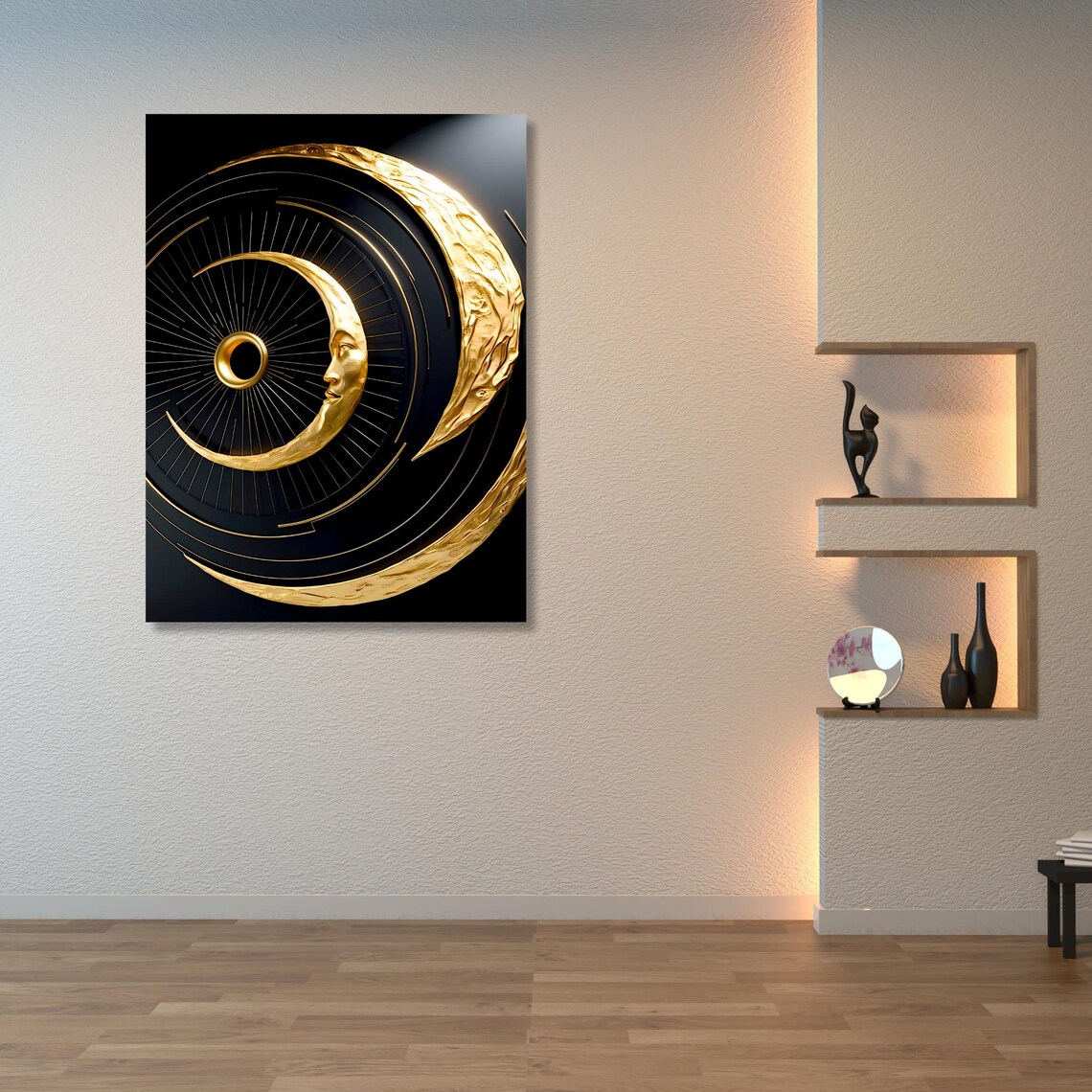 Gold Moon Face Art, Celestial Wall Decor - Image 4