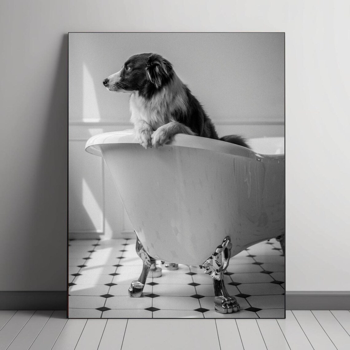 Dog in Vintage Bathtub, Black and White Photography