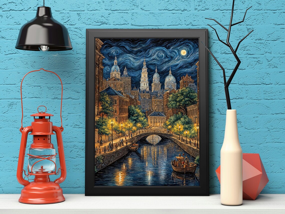 Starry Night Cityscape, Van Gogh Inspired Canal Scene - Image 5