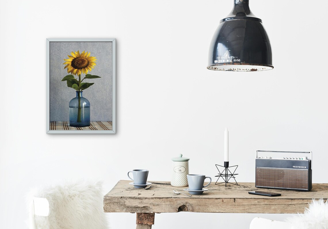 Sunflower In Blue Glass Vase, Minimalist Decor - Image 2