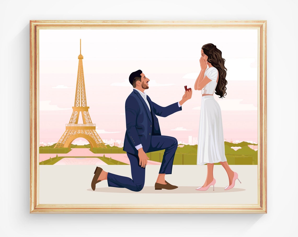 Paris Eiffel Tower Sunset Marriage Proposal Illustration Poster
