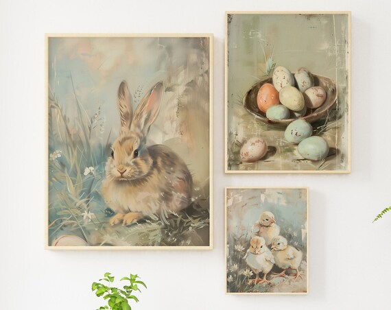 Vintage Muted Easter Paintings, Bunny Chicks Eggs
