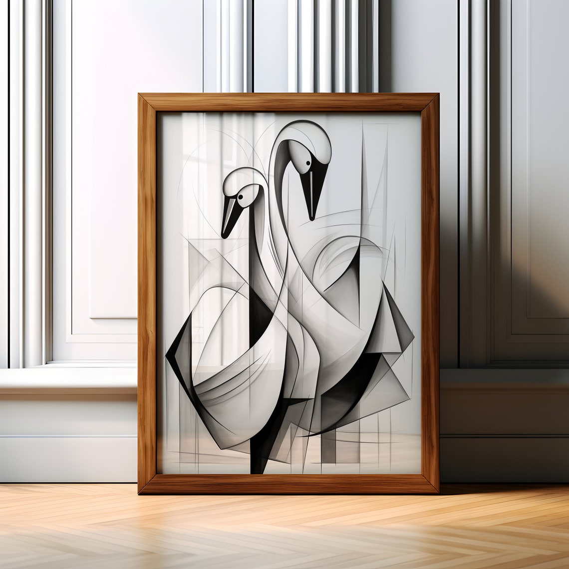 Two Geometric Swans Black and White Modern Abstract Art Poster