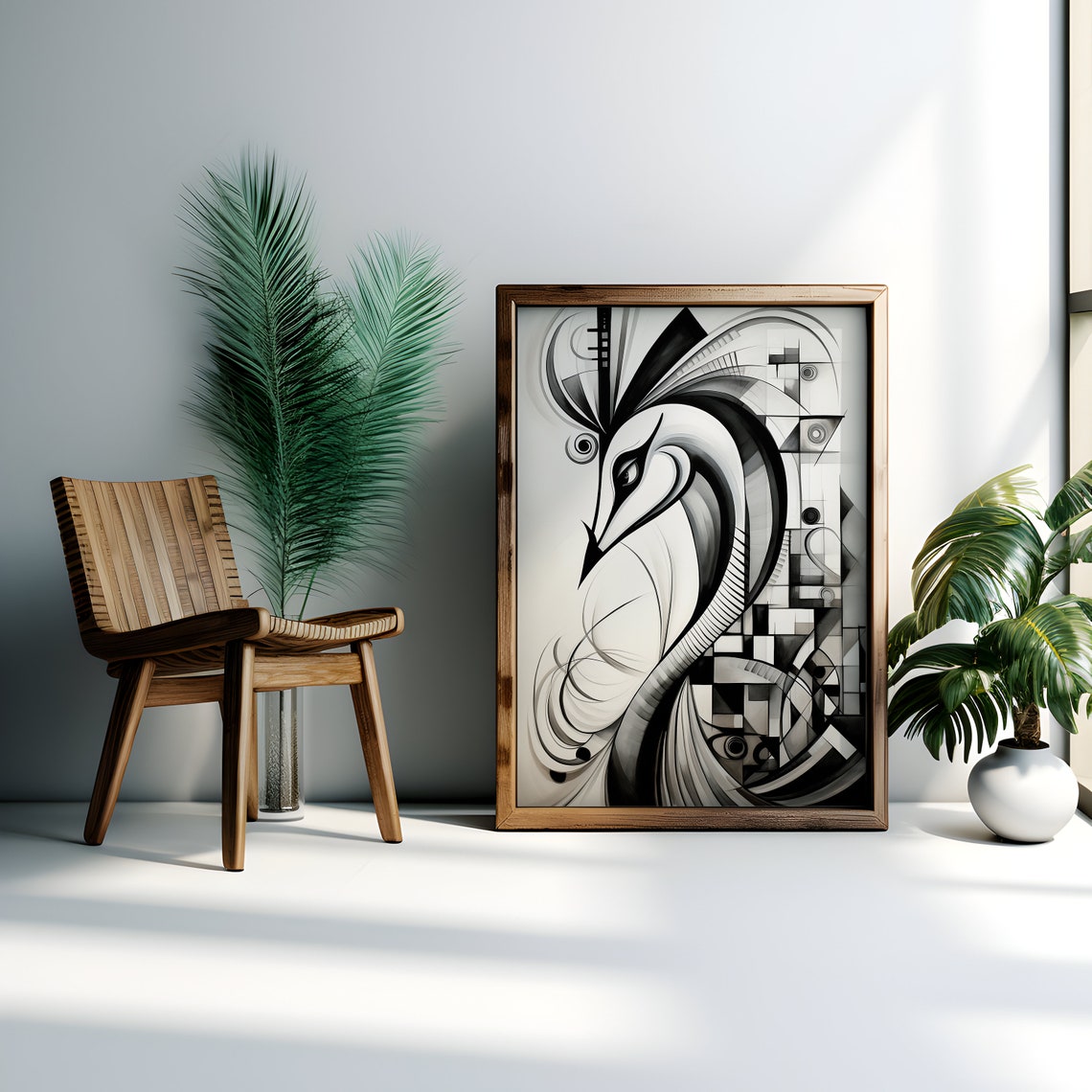 Abstract Geometric Heron Head Black White Modern Art Decor Poster