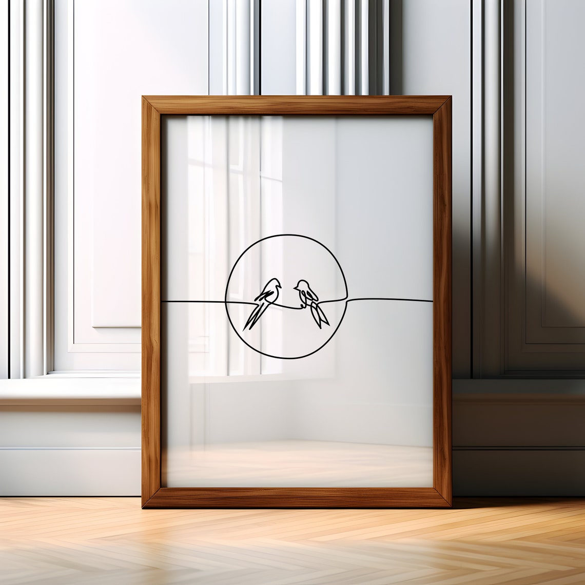 Two Birds On Wire Minimalist Single Line Art Circle Drawing Poster