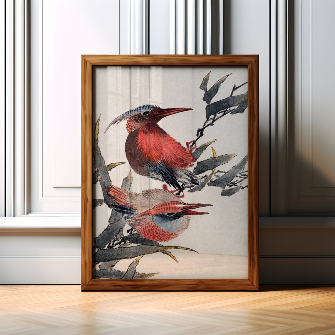 Two Red Birds on Branches Japanese Style Watercolor Bird Poster