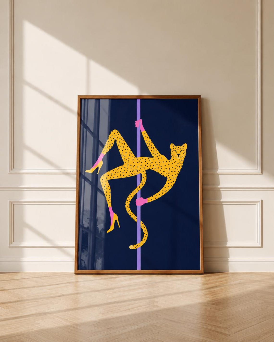 Leopard Pole Dancer Poster Funky Navy Bar Decor Animal Artwork