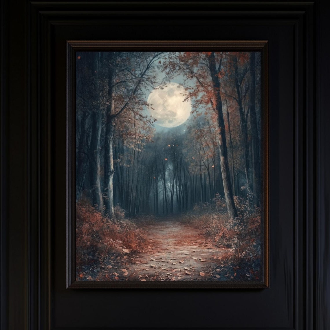 Full Moon Over Misty Autumn Forest Path On A Still Night Poster