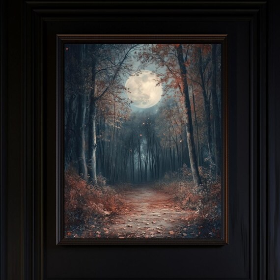 Full Moon Over Misty Autumn Forest Path On A Still Night Poster