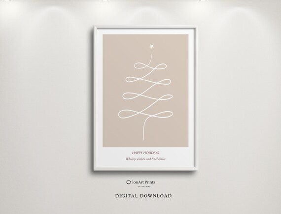 Happy Holidays Christmas Tree Modern Abstract Winter Wall Art Beige Holiday Decor Minimalist Seasonal Mood Unique