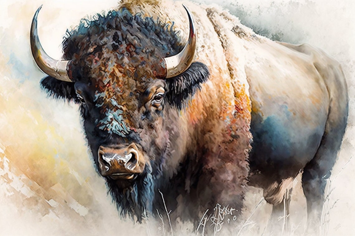 Bison Watercolor Majestic Buffalo Close Up Wildlife Wall Art