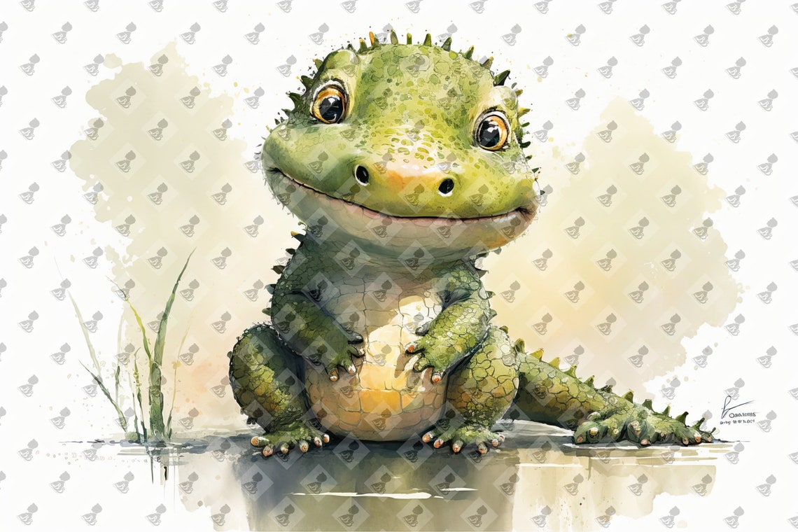 Cute Watercolor Baby Crocodile Smiling Reptile Nursery Poster