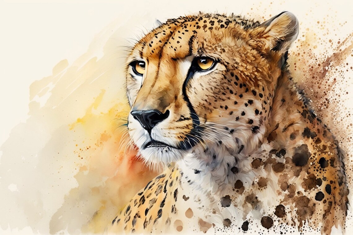 Cheetah Watercolor Golden Spotted Big Cat Safari Portrait Wall Art