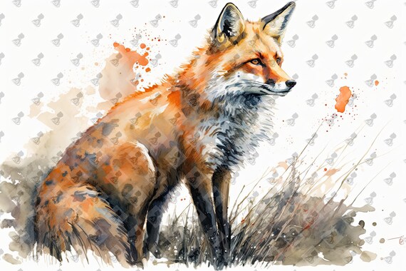 Red Fox Sitting Watercolor Grass Orange Fur Wildlife Animal Wall Art Poster