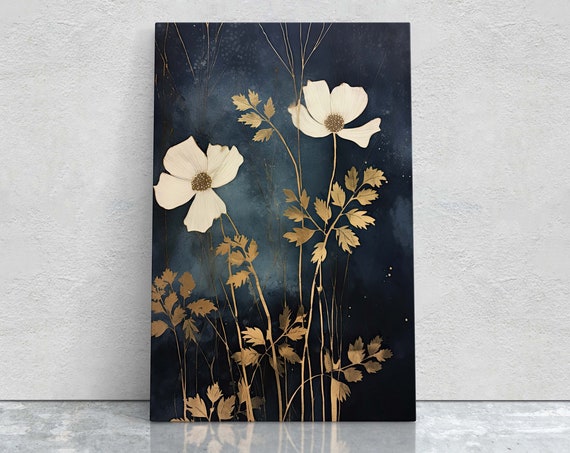 White Flowers Indigo And Gold Black And Gold Wildflowers Floral Painting Framed Large Print Simple Bold Contemporary Modern