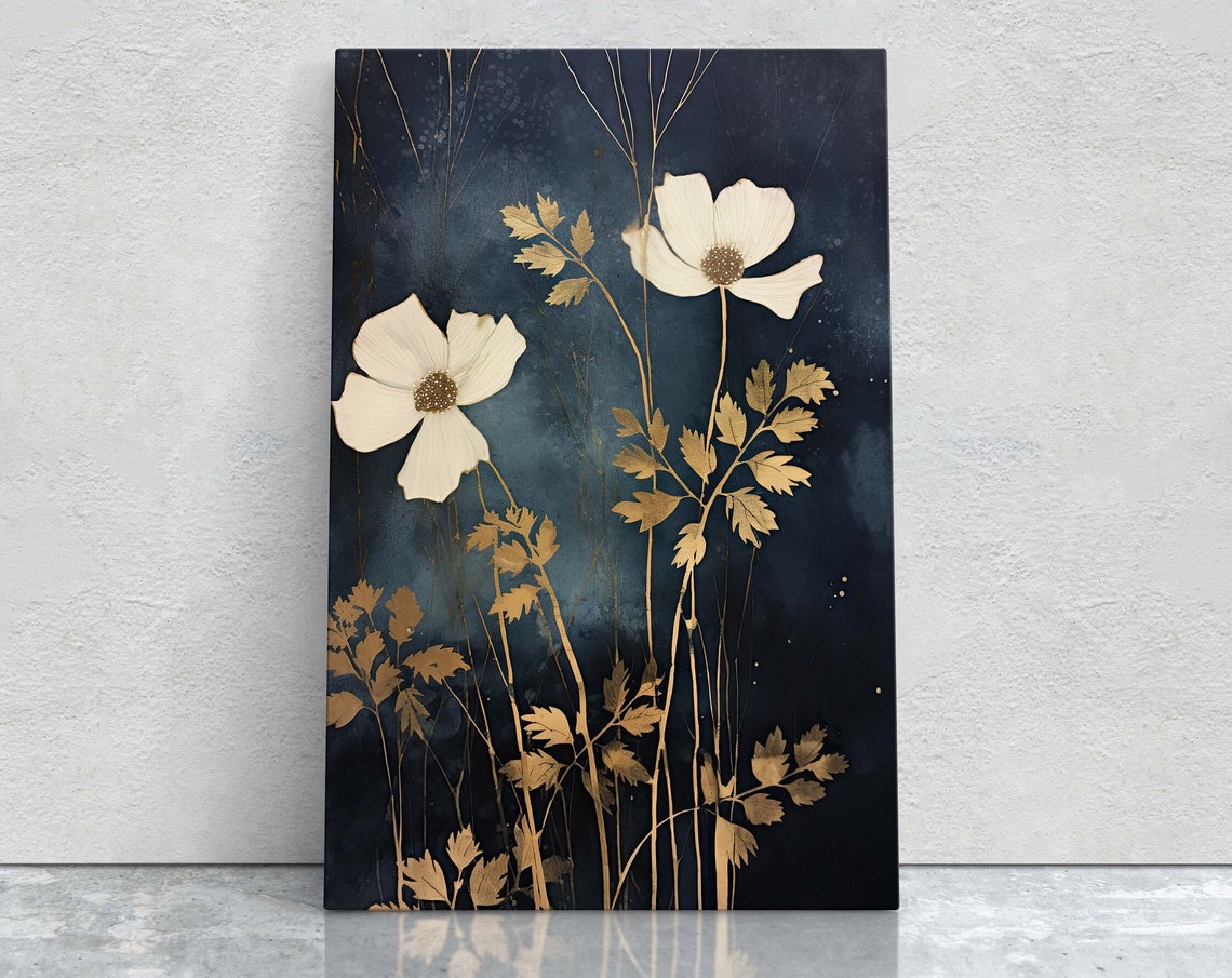 White Anemone Flowers Gold Leaves Dark Indigo Botanical Art Poster