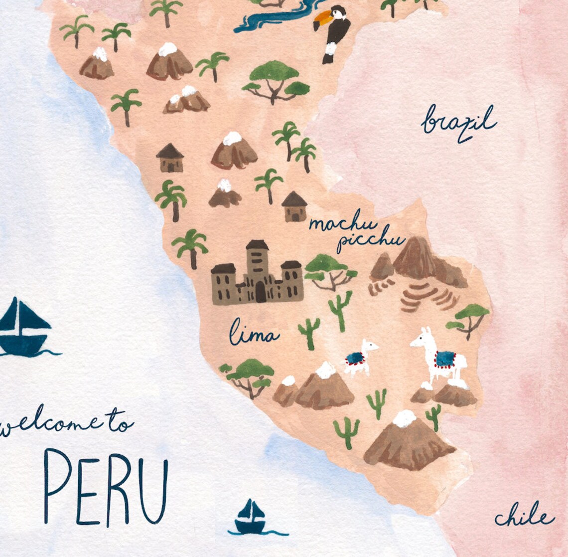 Peru Map Art Print, Tropical Watercolor Gouache - Image 2
