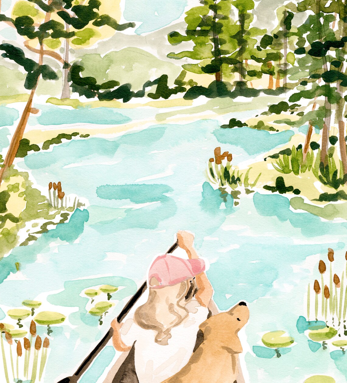 Lake Art Print, Girl And Dog Canoe Adventure - Image 2