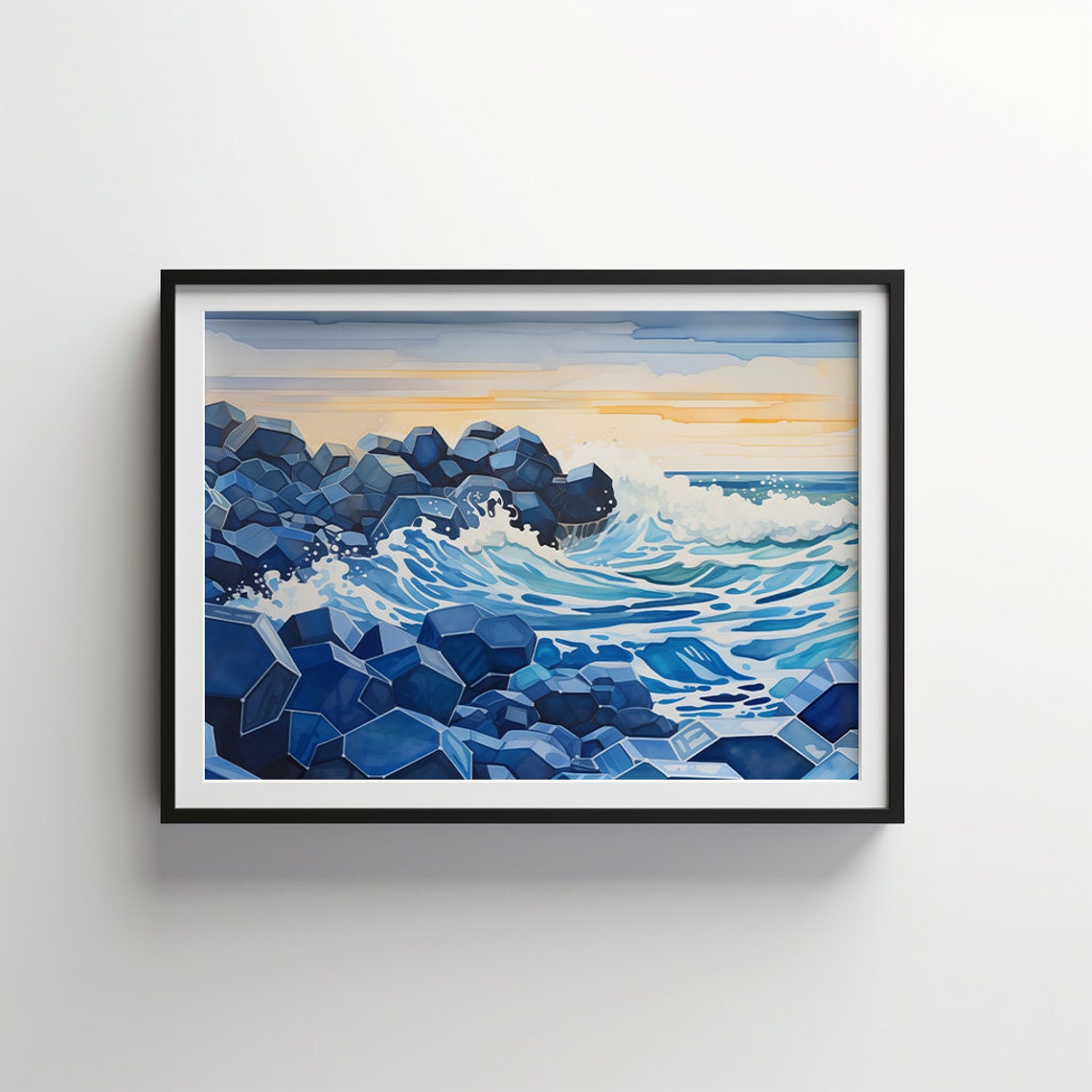 Indigo Coastal Rocks With Crashing Waves Sunset Seascape Poster