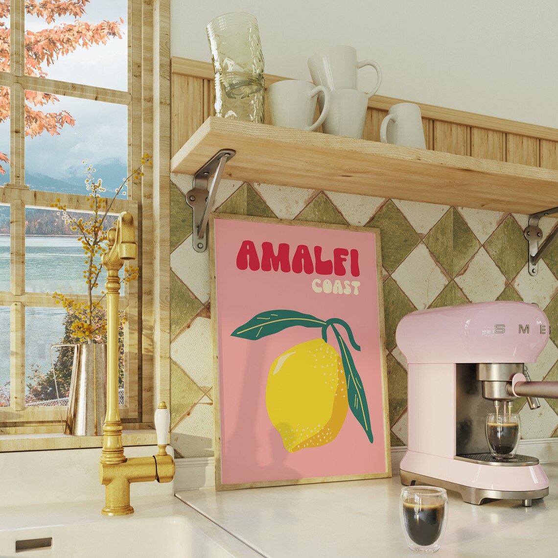 Amalfi Coast Pink Lemon Retro Groovy Italian Summer Travel Poster