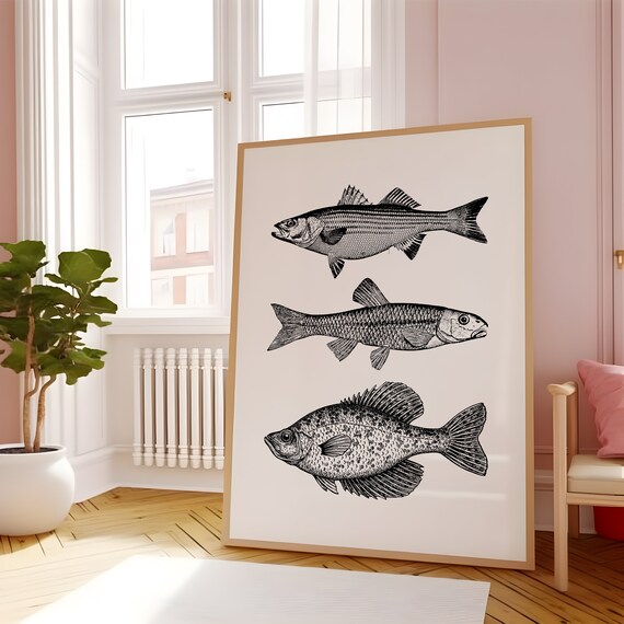Black Fish Print Vintage Food Wall Art Seafood Poster Kitchen Wall Art Sardines Art Retro Decor Dining Room Gallery Wall