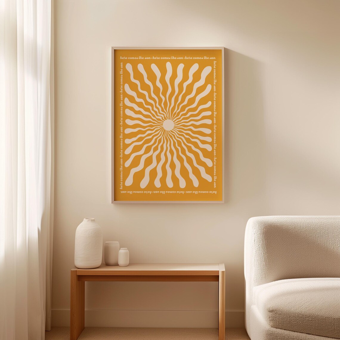 Retro Here Comes The Sun Quote Art Print, Boho