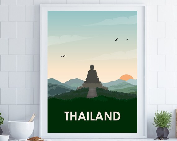 Thailand Big Buddha Sunset Mountain Silhouette Travel Poster