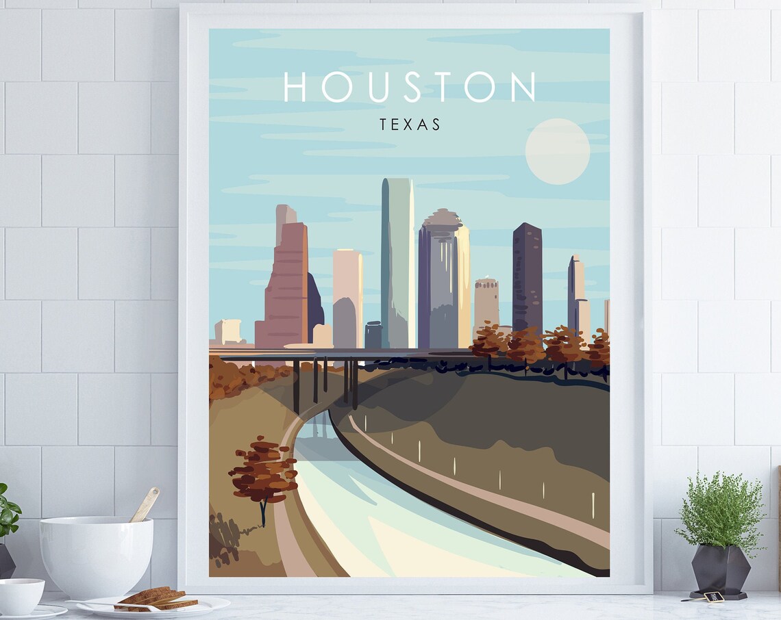 Houston Texas Skyline Bayou Bridge Sunset Retro Travel Poster