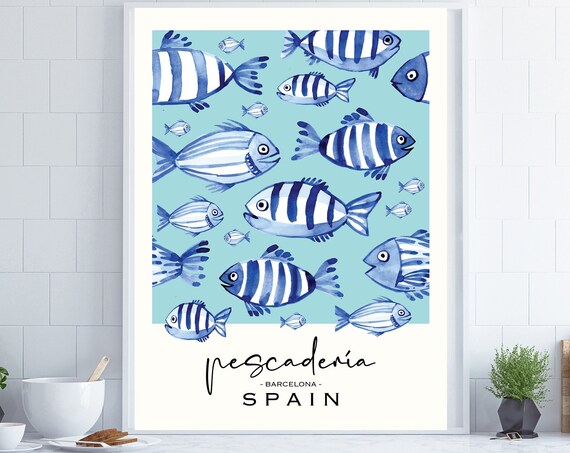 Barcelona Poster Travel Wall Art Market Poster Kitchen Wall Art Fish Wall Art Spanish Wall Art Spanish Decor Blue And Cream Wall Art