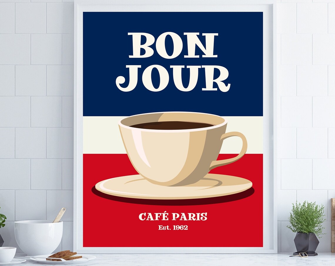Bonjour Retro Kitchen Decor, Paris Cafe Poster