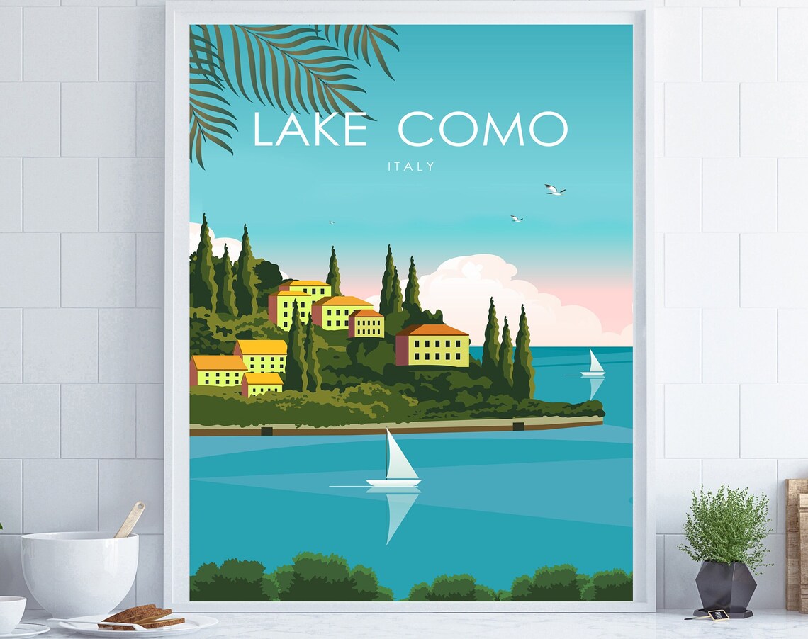 Lake Como Italy Island Town Cypress Trees Sailboat Travel Poster
